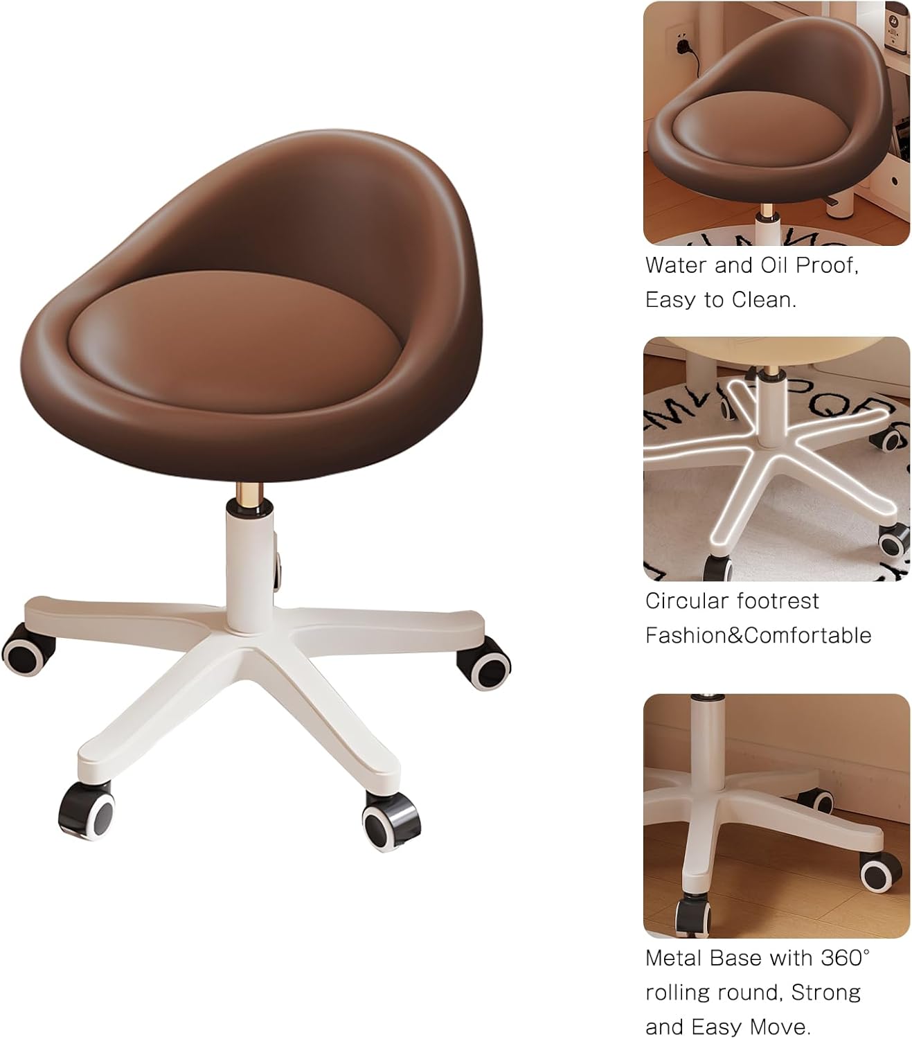 Rolling Stool Set of 2 Rolling Hydraulic Salon Stool with Low Backrest - Adjustable Swivel Chair for SPA, Shop, Salon, Massage, or Medical Office Brown