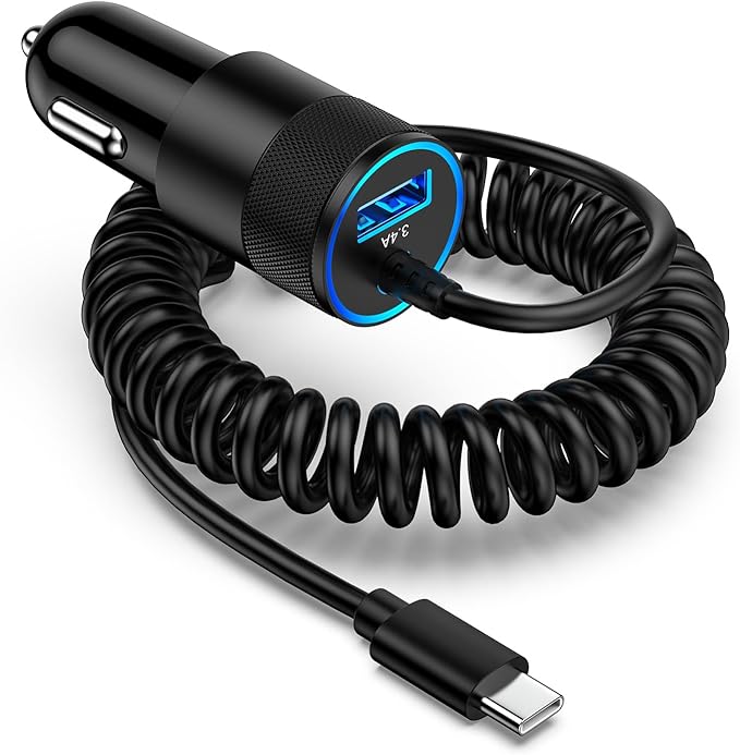 Samsung A17 Type C Fast Car Charger with 3ft USB C Coiled Cable for Galaxy S26/S25 Ultra/A16/A56/A15/A55/A35/A54/A14/A13 5G/Z Fold7/Pixel 10a/10/9 Pro/iPhone 17, 3.4A Android Car Phone Charger Adapter