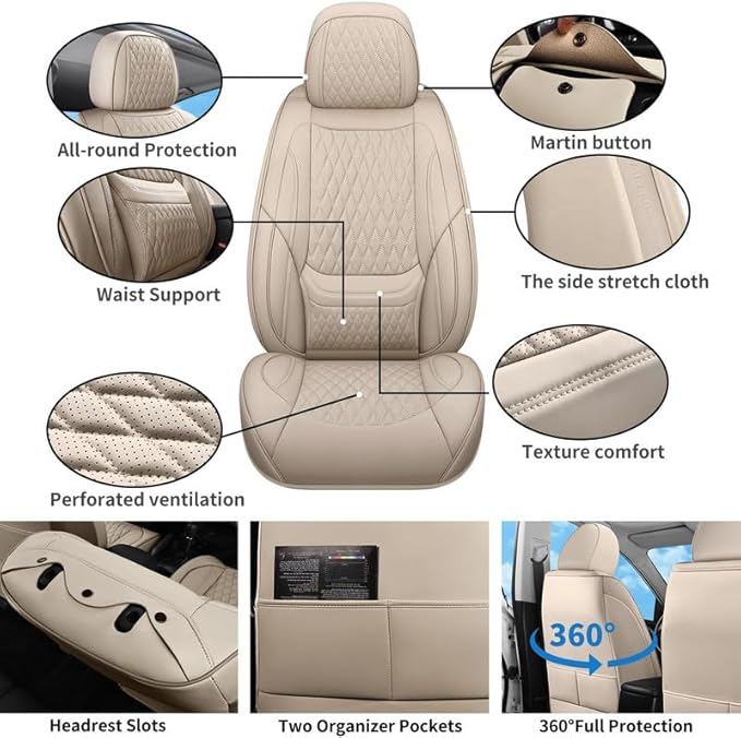 Car Seat Covers Full Set Custom Fit for Saturn Ion 2003-2010 - Premium Faux Leather with Lumbar Support | Breathable, Waterproof, Anti-Slip, Durable (Beige,Full Set)
