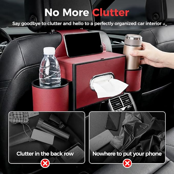 Back Seat Car Organizer,3 in 1 Car Backseat Storage Box with Cup Holder,Tissue Box,Trash Bin&Hooks,Multifunctional Waterproof Storage for Hold Phones Snacks Drinks Handbags (1, A-Red)