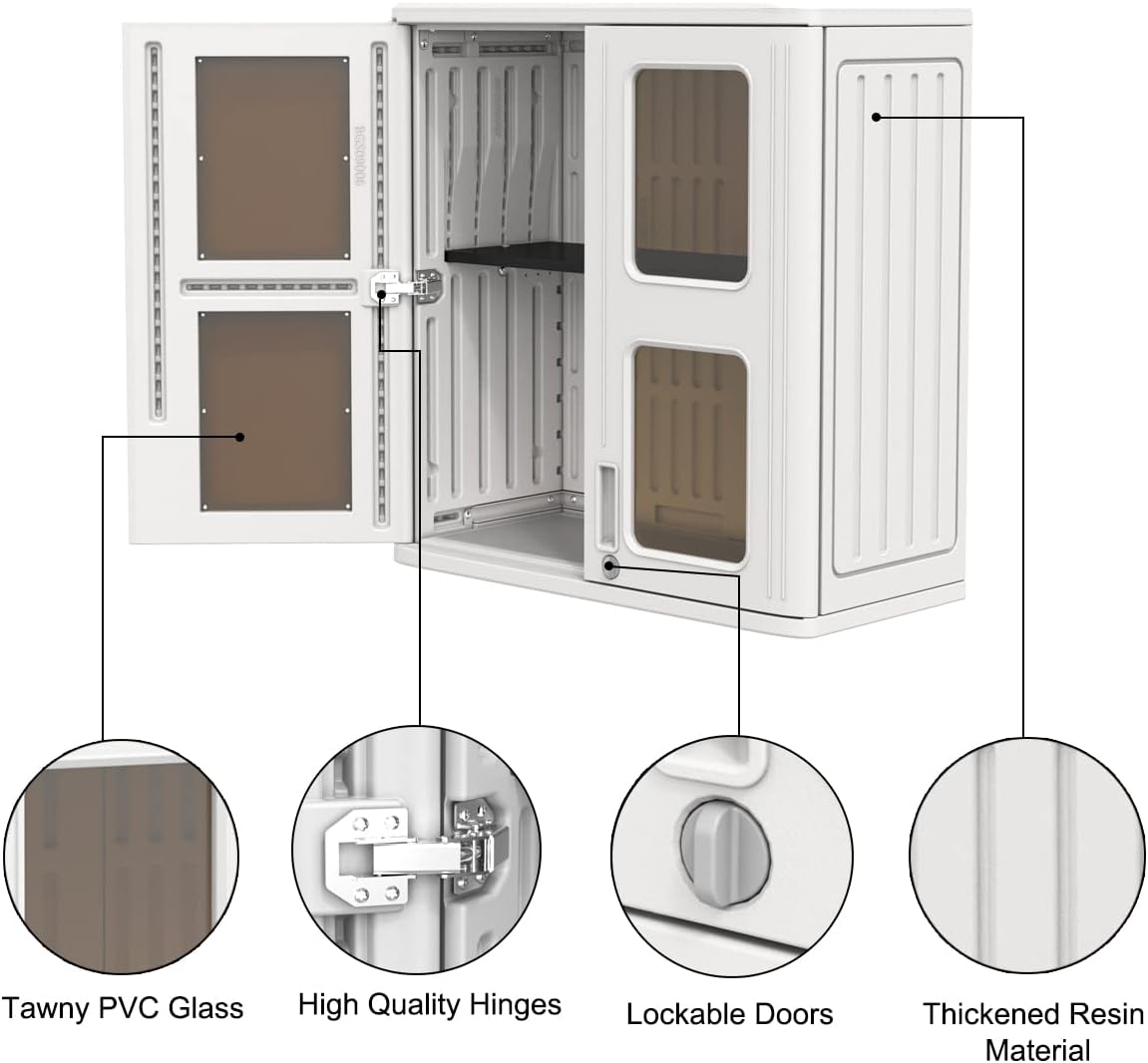 KINYING Outdoor Storage Cabinet Waterproof,Resin Garage and Laundry Room Wall Mounted Cabinets,Outdoor Storage Box with Doors and Shelves,White