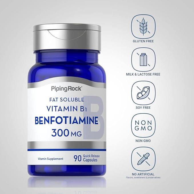 Piping Rock Benfotiamine 300mg | 90 Capsules | Fat Soluble Vitamin B1 | Non-GMO, Gluten Free Supplement