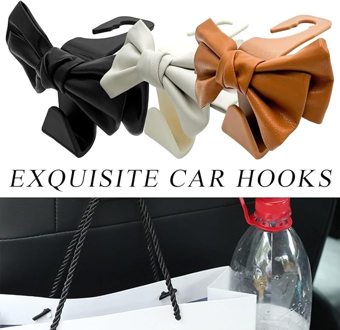 2 PCS Car Seat Headrest Hooks, Cute Bow Shaped Vehicle Backseat Storage Hooks, Leather Bow Shaped Sturdy Car Seat Back Hooks for Purses/Coats/Umbrellas, Car Accessories (Black)