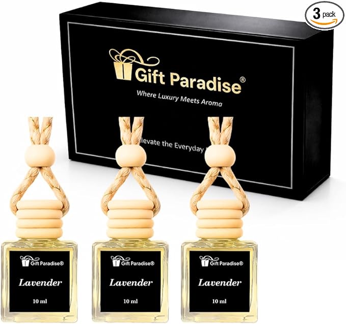 Gift Paradise® Lavender Car Air Freshener Set of 3 – 10 ml Hanging Diffusers, Calming Floral Scent, Long Lasting Aromatherapy Fragrance for Car, Home & Office – Magnetic Gift Box