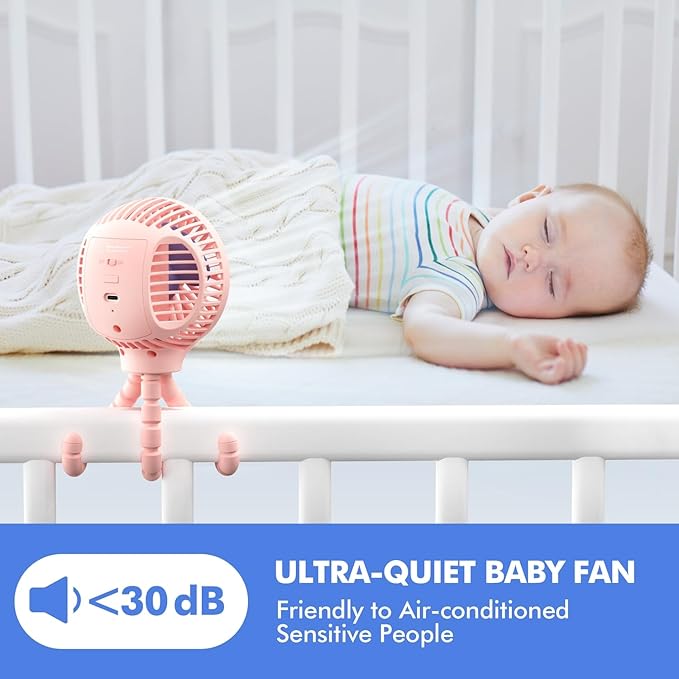 WiHoo Portable Stroller Fan, 11H Ultra-long Battery Life 3 Speed 360°Rotate, USB Rechargeable or Battery Operated Cooling Clip On Personal Fan for Baby Crib Travel Car Seat Pink