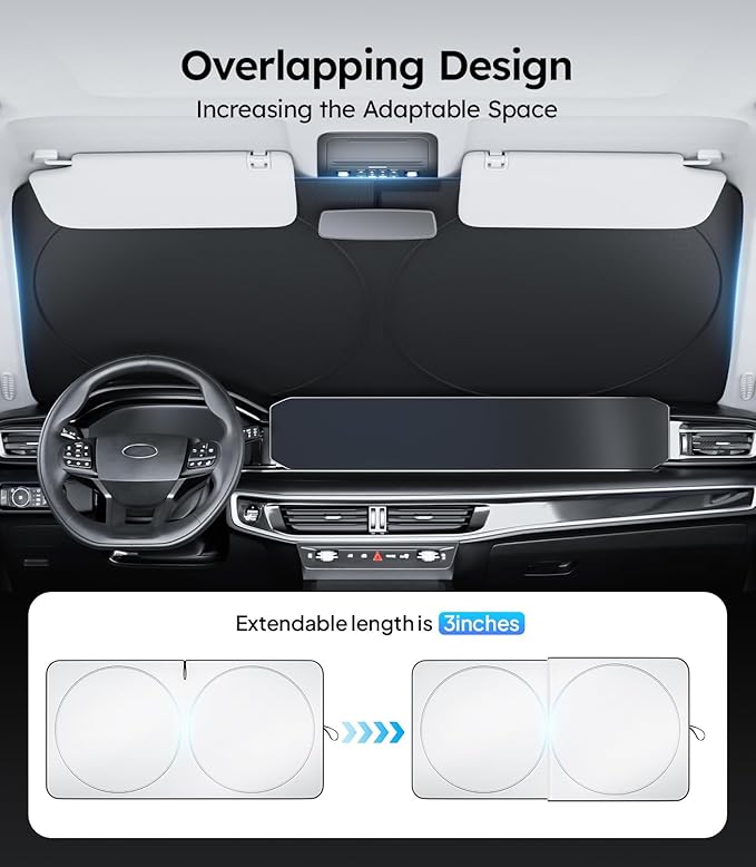 Wigoo 2025 Upgrade Car Windshield Sun Shade [100% Light Block, 4th-Gen Cooling Tech] Foldable Heat Insulation Interior Sun Visor with Storage Bag for Sedans/SUVs/Hatchbacks (M (64"x32")