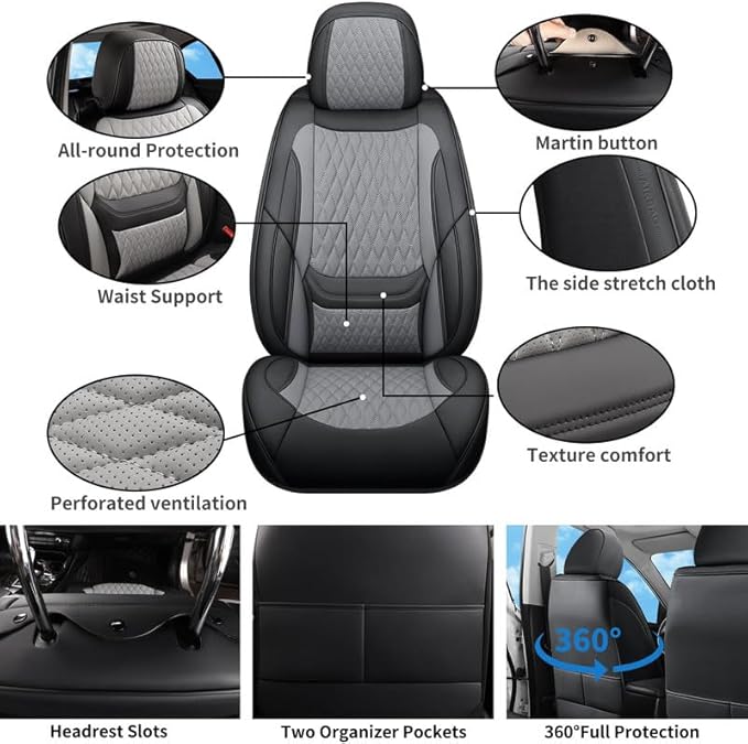 Car Seat Covers Full Set Custom Fit for Pontiac G3 2009-2010 - Premium Faux Leather with Lumbar Support | Breathable, Waterproof, Anti-Slip, Durable (Black&Gray,Full Set)
