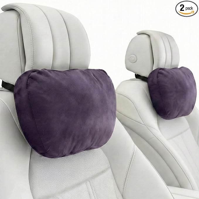 2PCS Car Pillow for Car Neck Pillow for Driving Seat Neck Support Soft Cushion Back Support Head-Rests for Vehicle Sleeping with Elastic Adjustment Strap (Violet, Head)