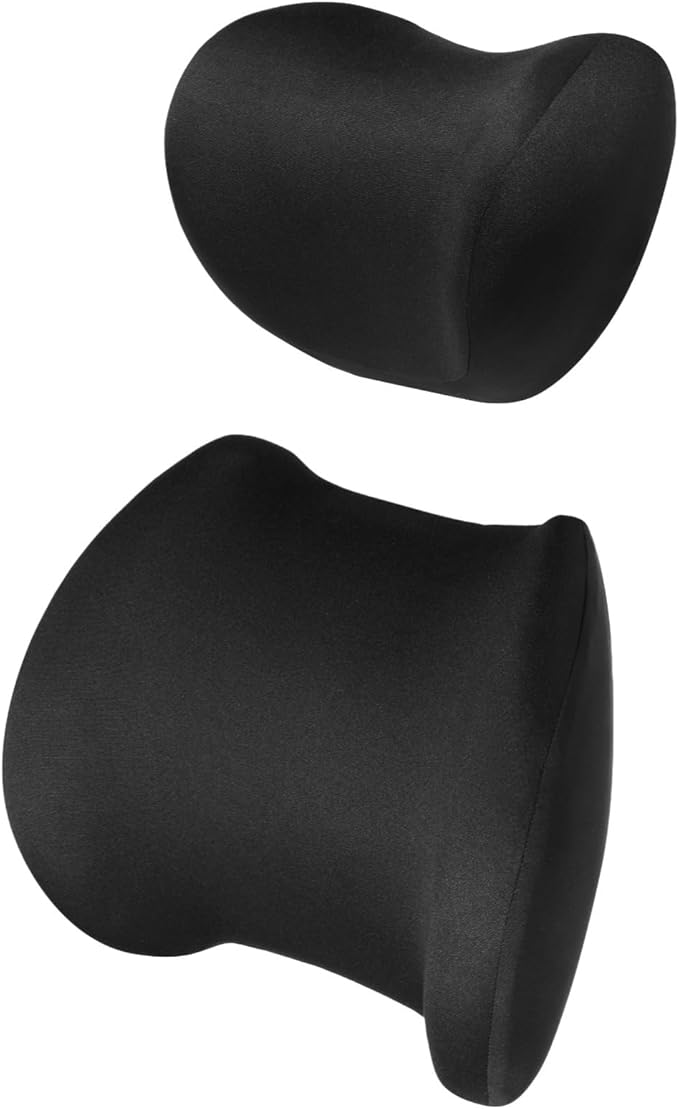 Car Headrest Lumbar Support Cushion, Memory Foam Head, Waist Pillow for Car Seat with Detachable Zipper Cover, in Black