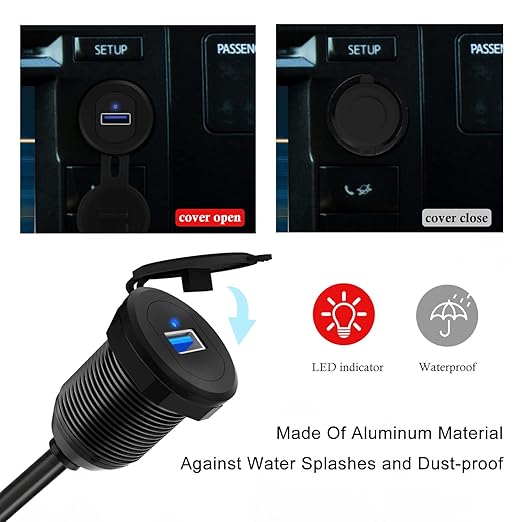 USB 3.0 Car Mount Flush Cable with LED Indicator Single Port, USB3.0 Male to Female Extension for Car Truck Boat Motorcycle Dashboard Panel 3ft