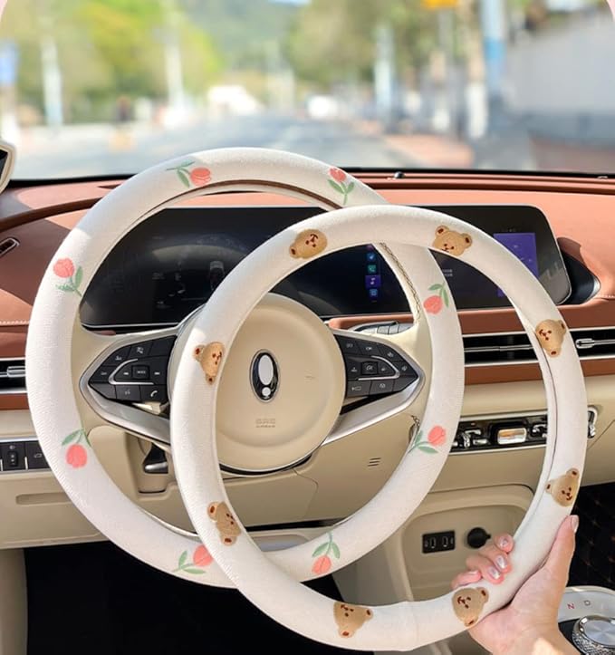 Wheel Cover Flax Microfiber Steering Wheel Covers for Women Fit 15 inch Car Cute Bow Tie Anti-Slip Breathable Absorbing Sweat Cover (Type-O-Bear)