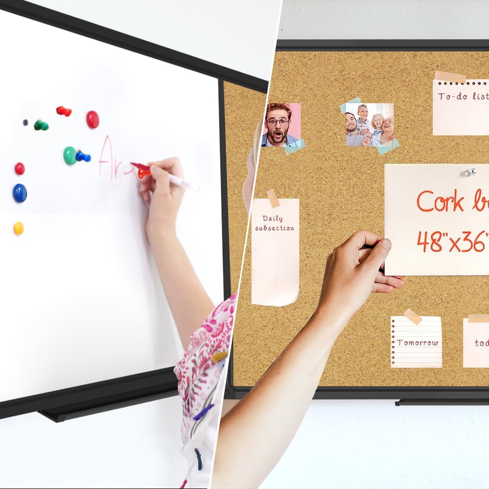 XBoard Magnetic whiteboard 48x 36 - Combo Whiteboard Dry Erase Board/Cork Board, Magnetic White Board + Corkboard with Black Aluminum Frame, 10 Colorful Push Pins & Marker Tray Included