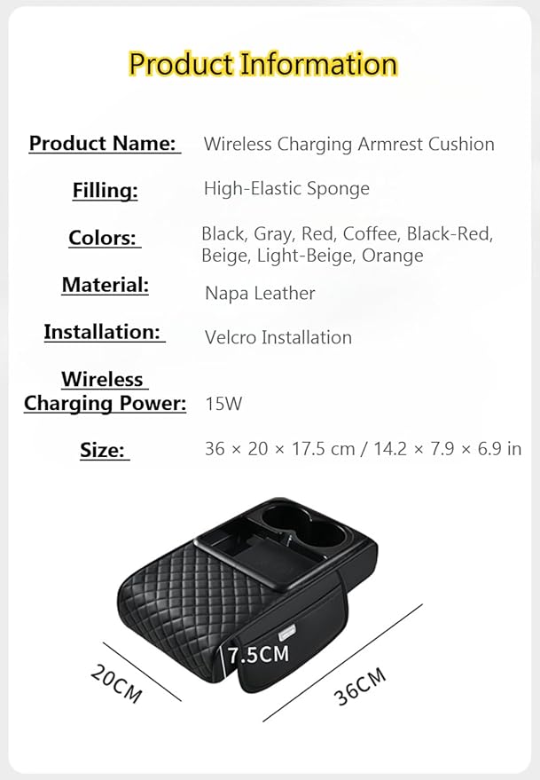 Car Armrest Pad with Built-in Induction Charging, Leather Center Console Cushion with 15W Power Pad, Dual Cup Holders, Storage Pockets - Light Beige