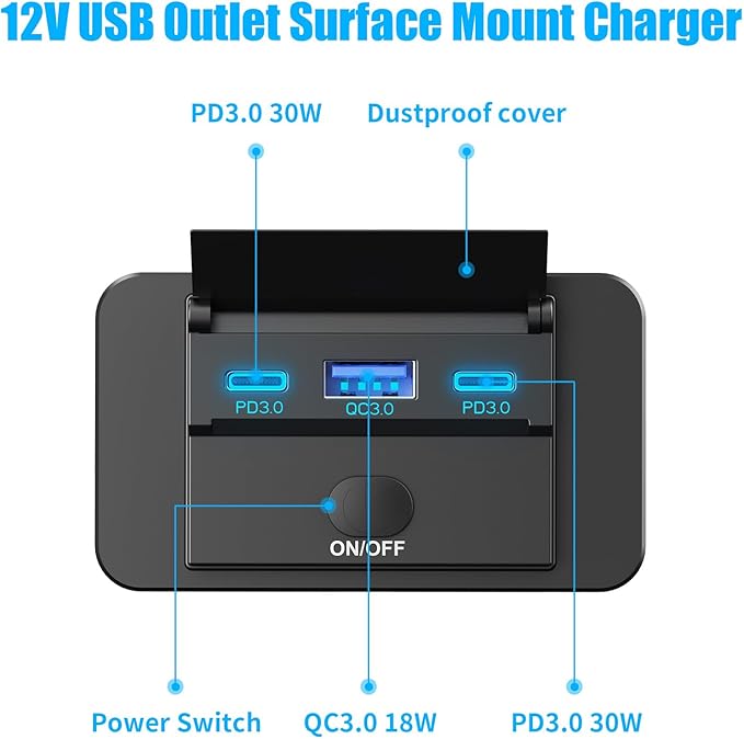 78W 12V USB Outlet Surface Mount Lightweight Dual USB C 30W and QC 3.0 18W Car USB Port, 12 Volt USB Cigarette Lighter Replacement Charger Socket Panel with Button Switch for RV Bus Marine Motorcycle