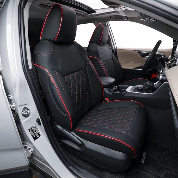 EKR Rav4 Seat Covers Custom Fit for Toyota Rav4 (Hybrid) SE/XSE & (PHEV) GR Sport 2026, Car Seat Cover Full Set for SUV,Factory-Style Upgrade, Easy-Wipe Protection,Faux Leather(Black with Red Piping)