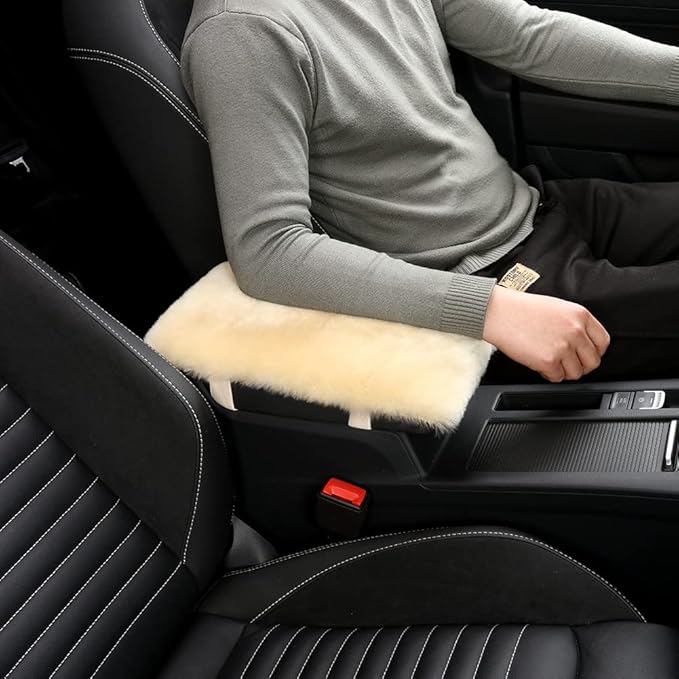 Sheepskin Armrest Cover Auto Center Armrest Cover Car Soft Console Pad, Fluffy Wool Auto Center Console Cover for Most Car Arm Rest Decoration Protector 7 x 13 Inch (Shearling, Khaki)