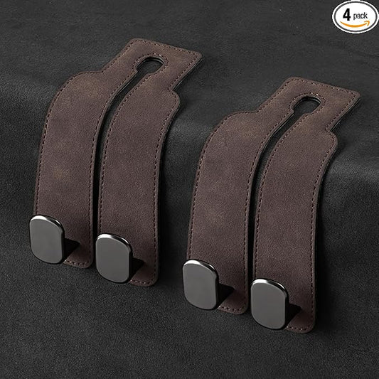 KINIVA Car Seat Headrest Storage Hooks, Set of 2, Suede PU Leather, Double Hooks (Brown)