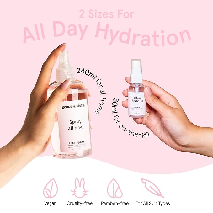 grace & stella Award Winning Rose Water Facial Spray (240ml) - Vegan - Rose Water Spray for Face - Rosewater Spray Toner Rose Hydrosol - Rose Spray Facial Mist - Rosewater Spray Toner Rose Hydrosol