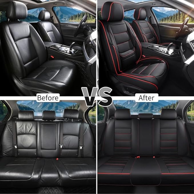 Car Seat Covers Full Set Custom Fit for Buick Century 1997-2005-Luxury Leather with Lumbar Support, Breathable, Waterproof, Anti-Slip, Durable, Easy to Install (Black&Red,Full Set)