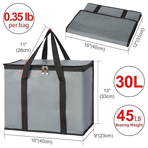 CIVJET Insulated Grocery Shopping Bags, X-Large Food Delivery Bag for Delivery Drivers, Reusable Tote Cooler Bag for Travel, Dark Gray, 2-Pack
