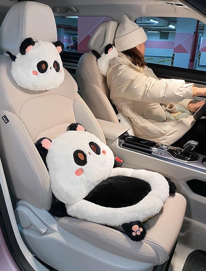 Cartoon Car Seat Cushion Lumbar Support Pillow and Neck Pillow, Cute Car Seat Pillow Headrest Pillow Back Support for Driving Fatigue Relief,for Office Chair Truck SUV (Panda Headrest)