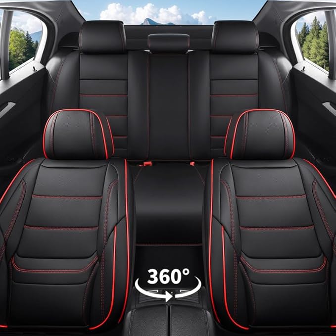 Car Seat Covers Full Set Custom Fit for Chevy Cruze 2011-2019-Luxury Leather with Lumbar Support, Breathable, Waterproof, Anti-Slip, Durable, Easy to Install (Black&Red,Full Set)