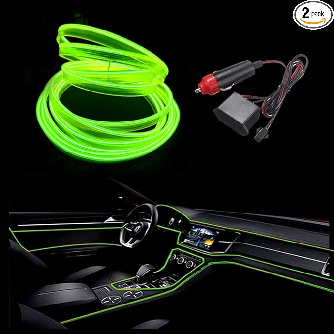 MaxLax Lemon Green LED Neon Car Interior Lighting Strip - 3m Flexible 12V EL Wire with Built-in Fuse Protection for Automotive Interior Customization, Featuring 6mm Sewing Trim for Easy Installation.