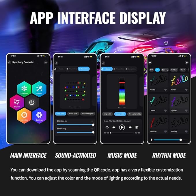 Acrylic Ambient Lighting Car Interior, 6 in 1 Dream Color Acrylic Led Strips Fiber Optic Lights with APP USB Hub, 16 Million Colors 187 Inches Flexible Neon Music Sync Emotion Glow Light for Car Dash