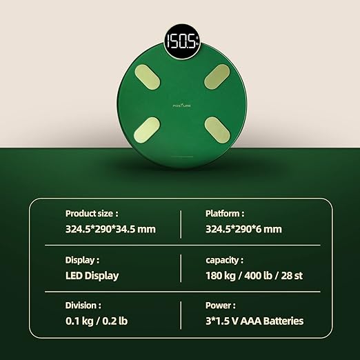 Posture Smart Scale for Body Weight Digital Bathroom Scales for Body Fat Weighing Scale for Fitness Tracking with app High Accurate Body Composition Monitor with BMI Bluetooth, Green
