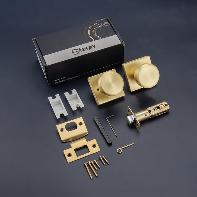 Brushed Gold Door Knobs with Square Rosette, Interior Door Handles for Bath & Bed with Push Lock