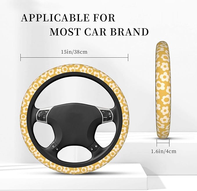 Vintage Groovy Flowers Steering Wheel Cover Universal 15 Inch Cute Car Accessories Protector for Women Men