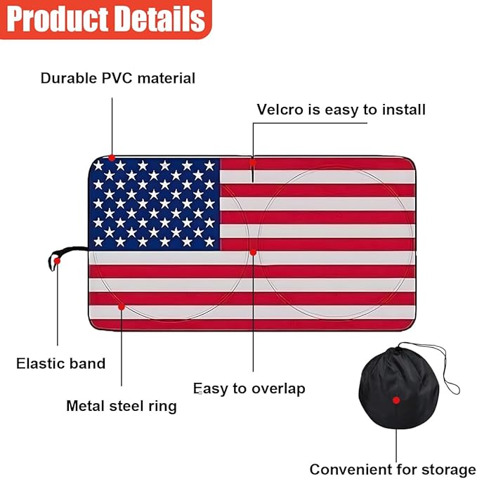 American Flag Car Windshield Sun Shade, Foldable Car Front Window Sunshade for Cars SUV Truck, Auto Interior Sun Protection Cover, Blocks UV Rays & Keeps Your Vehicle Cool (Red, XL)