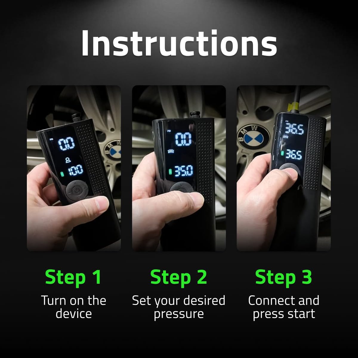 Airmoto Tire Inflator Portable Air Compressor - Air Pump For Car Tires with Digital Pressure Gauge, LED Light and Auto Shut-Off Function - Cordless Pump for Car, Motorcycle, Bicycle, Balls and More