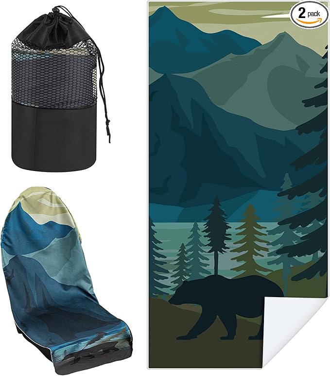 2 Pack Car Seat Towel Covers with Storage Bag 63 x 32 Inch Athletic Running Towel Seat Sweat Washable Non Slip Cover Gift for Car Outdoor Sport Activities (Grizzly Guide)