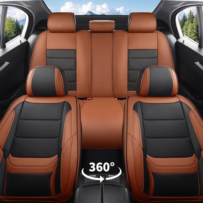 Car Seat Covers Full Set Custom Fit for Ford Fiesta 2011-2019-Luxury Leather with Lumbar Support, Breathable, Waterproof, Anti-Slip, Durable, Easy to Install (BlackBrown,Full Set)