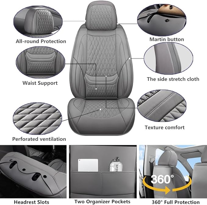 Car Seat Covers Full Set Custom Fit for Pontiac Vibe 2003-2010 - Premium Faux Leather with Lumbar Support | Breathable, Waterproof, Anti-Slip, Durable (Gray,Full Set)