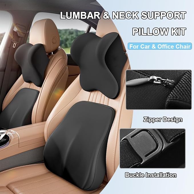 Car Headrest and Lumbar Support Cushion, Car Lumbar Support Pillow Car Neck Pillow Kit, Ergonomic Car Seat Headrest Pillow Lumbar Cushion with Adjustable Strap for Neck Back Pain Relief (Black)