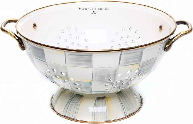 MACKENZIE-CHILDS Enamel Colander, Decorative Kitchen Strainer, Large, Gray-and-White Sterling Check