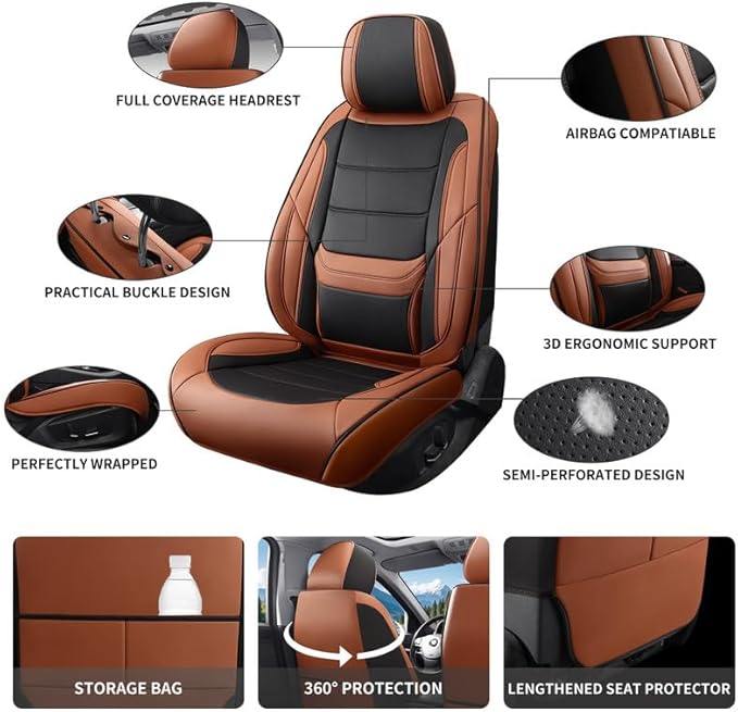 Car Seat Covers Full Set Custom Fit for Ford Fiesta 2011-2019-Luxury Leather with Lumbar Support, Breathable, Waterproof, Anti-Slip, Durable, Easy to Install (BlackBrown,Full Set)