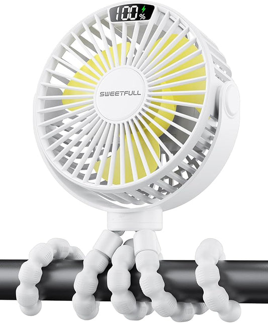 SWEETFULL Portable Stroller Fan with LED Display, 4 Speed Rechargeable Mini Clip On Fan, 360° Rotate Flexible Tripod Better Cooling Small Baby Fan for Car Seat Crib Travel Bike Treadmill (White)