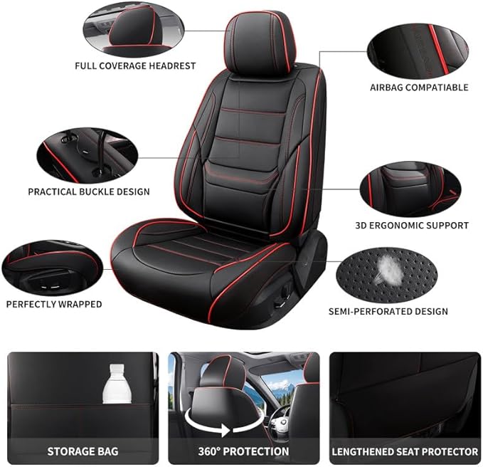 Car Seat Covers Full Set Custom Fit for Chevy Trax 2015-2026-Luxury Leather with Lumbar Support, Breathable, Waterproof, Anti-Slip, Durable, Easy to Install (Black&Red,Full Set)