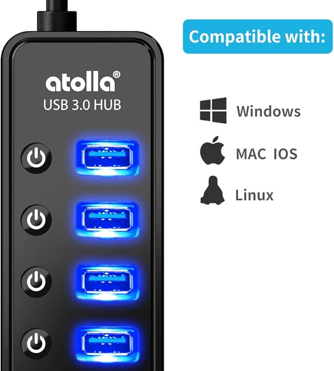 Powered USB Hub 3.0, Atolla 7-Port USB Data Hub Splitter with One Smart Charging Port and Individual On/Off Switches and 5V/4A Power Adapter USB Extension for MacBook, Mac Pro/Mini and More.