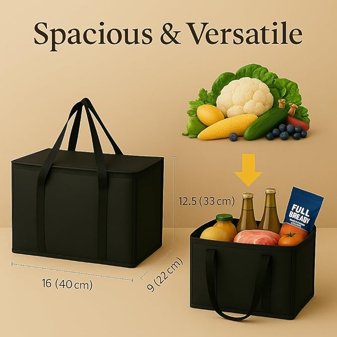 musbus 2Pk Insulated Reusable Grocery Bags, Collapsible Cooler Bag for Groceries, Heavy Duty Large Insulated Bag (Large, Charcoal Black)