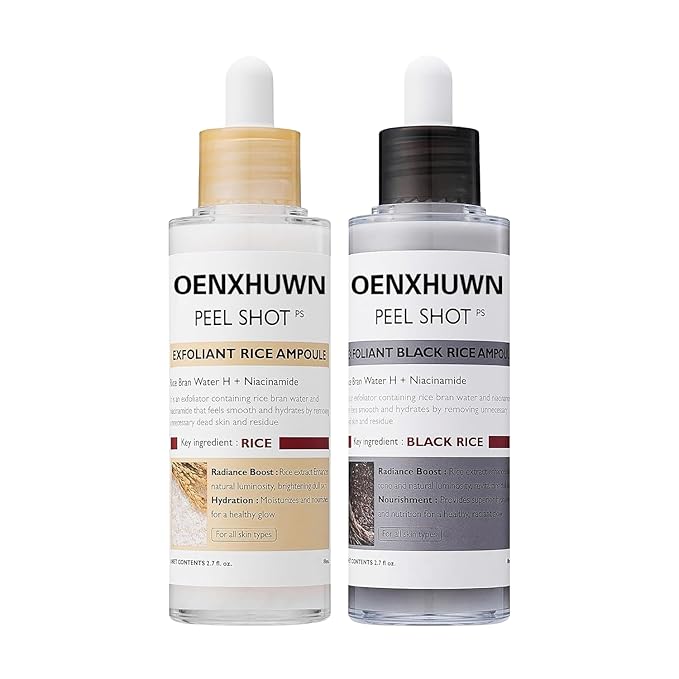 Peel Shot Glow Rice Ampoule Duo Set Day & Night, | Gentle Peel + Pore Minimizing & Deep Hydration | Black and White Rice Exfoliant for All Skin Types, 2PCS (White Rice+Black Rice)