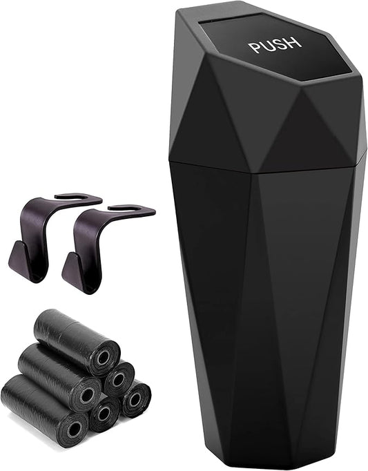 Ginsco Car Trash Can Cup Holder, Mini Car Trash Can with Lid, Car Accessories for Interior, Leakproof Small Trash Cup for Car, Home, Office, Bedroom with Additional 2 Hooks and 90pcs Trash Bags Black