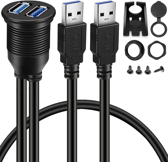 BATIGE 2 Ports Dual USB 3.0 Male to USB 3.0 Female AUX Flush Mount Car Mount Extension Cable for Car Truck Boat Motorcycle Dashboard Panel -3ft