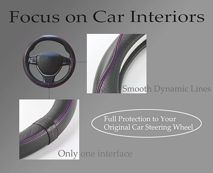 ESEWALAS Universal Car Steering Wheel Cover,Anti-Slip Leather Steering Wheel Cover,Sports Style Steering Wheel Protector,Car Interior Accessories Auto Steering Wheel Covers (Black with Purple)