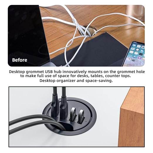 Xiwai USB 3.0 Hub Splitter, SD TF USB-C 2 Port USB Multiport Expander High Speed Type C Data Port 60mm Desk Grommet Dock Station Micro-SD Card Reader Interface for PC Desk Desktop