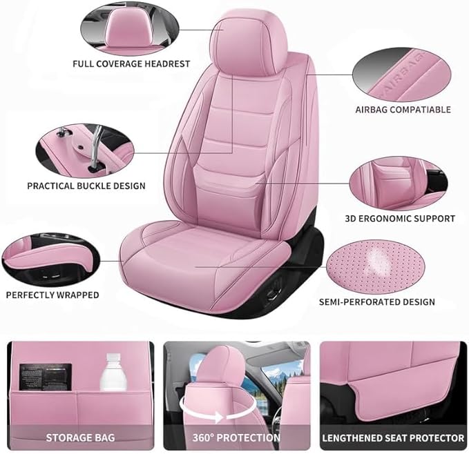 Car Seat Covers Full Set Fit for Buick Verano 2012-2017, Premium Faux Leather Waterproof Car Seat Protectors with Lumbar Support, Breathable Anti-Slip Easy to Install(Pink,Full Set)