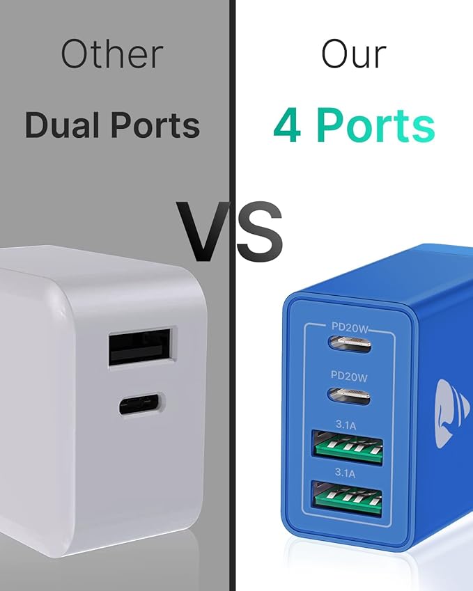 [2-Pack] USB C Wall Charger, 40W Fast USB C Charger Block, 4-Port PD + QC Wall Plug Multiport Type C Charging Block for iPhone 16 15 14 13 12 11 Pro Max XR XS 8 7, Tablets, Cellphones Cube